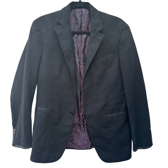 John Varvatos Wool Blazer Sport Coat Black Italy Men 48 Jacket Leather Trim